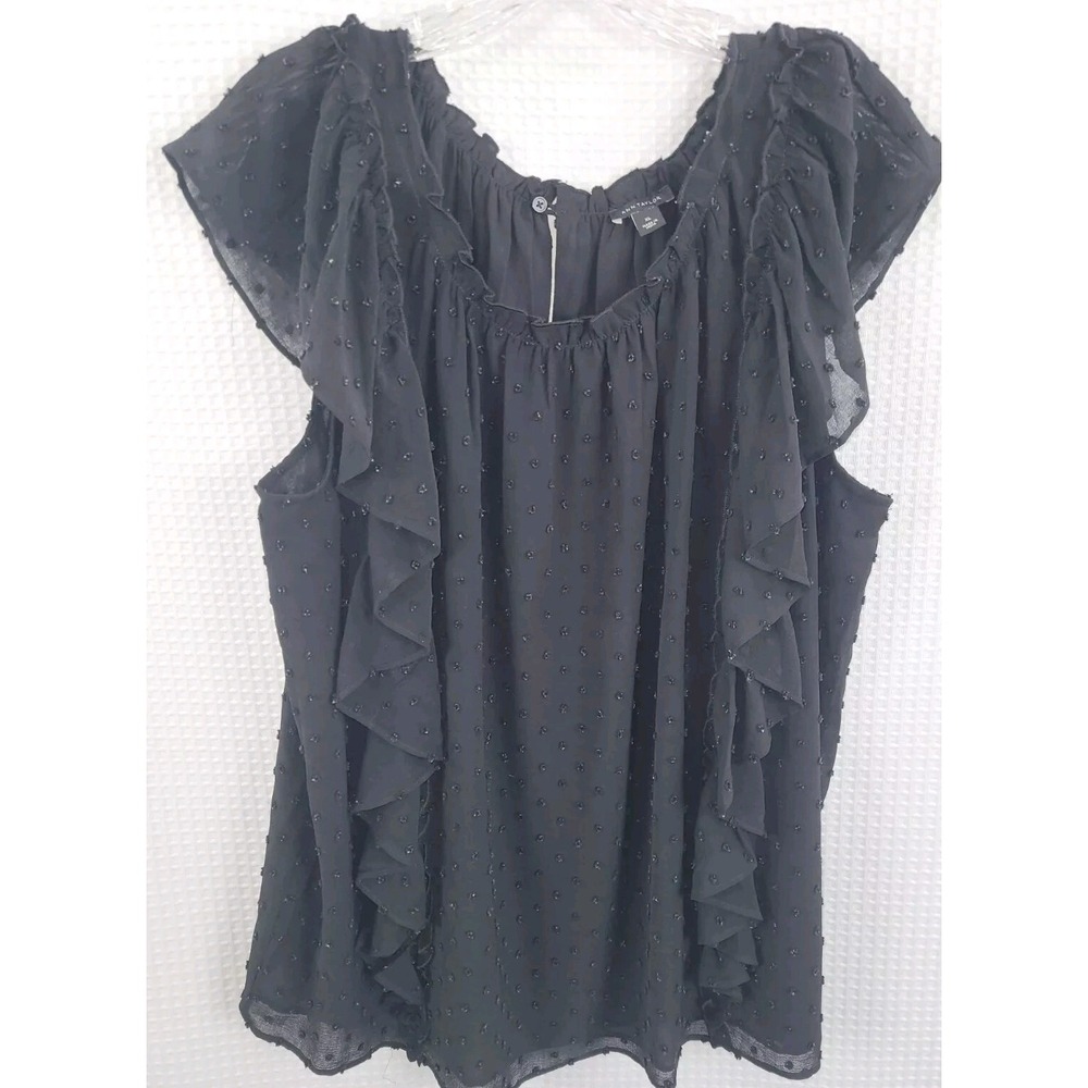 Ann Taylor Black Ruffled Cap Sleeve Swiss Dot Pullover Top Womans Size XL